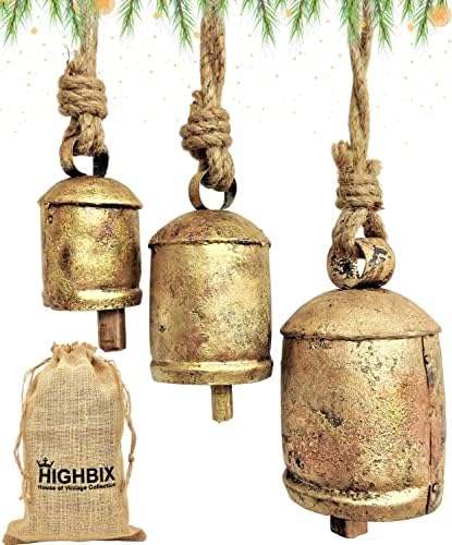 HIGHBIX Set of 3 Giant Harmony Cow Bells Huge Vintage Shabby Chic Handmade Rustic Lucky Christmas Hanging XL Bells On Rope Country Rustic (Small) by HIGHBIX
