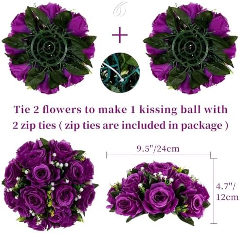 BLOSMON Flower Balls Wedding Rose Centerpieces 10 Pcs Purple Fake Flowers with Base Kissing Balls Decor Artificial Floral Arrangements Flower Bouquet of Roses Home Party Table DIY Decorations - Image 4