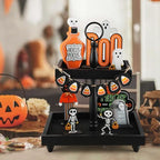 Tiered Tray Stand, Rustic Wooden 2 Tier Decorative Tray with Bead Garland, Farmhouse Square Wood Serving Tray Counter Centerpiece for Coffee Bar Home Decor Holiday Holloween Housewarming Gifts (Black) - Image 6