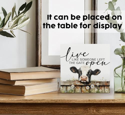 Cow Signs - Farm Cottagecore Animal Office Kitchen Bedroom Decor,Rustic Farmhouse Live like Someone Left the Gate Open Home Decor Wooden Signs,Cow Gifts for Women,8x8 - Image 3