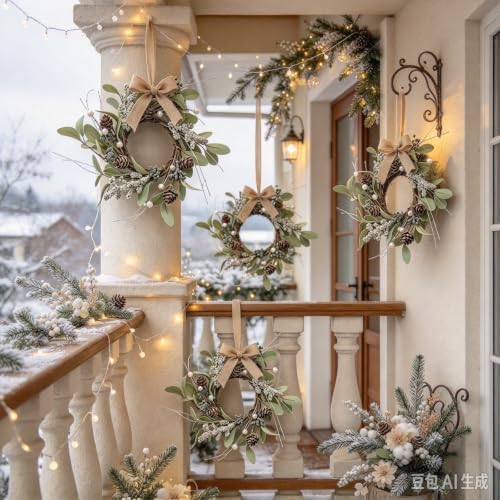 6 Pcs Small 4th of July Hanging Wreaths for Cabinets Patriotic Mini Candle Ring Wreath with Red White Blue Flowers (4, Winter Snow Pinecones) - Image 2