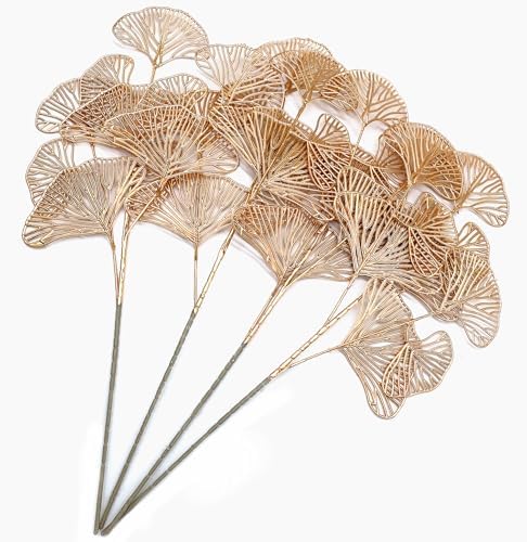 Artificial Gold Plants Fake Golden Ginkgo Leaves - Tall 21 Inch 4 Pack, Faux Apricot Leaf Simulation Bushes Plant for Indoor Outdoor Christmas Home Decor Party Wedding Table Centerpiece DIY Decoration - Image 5