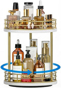 2-Tier Rotating Bathroom Countertop Organizer, Wooden Makeup Vanity Storage, Multifunctional Lazy Susan Turntable for Skincare, Perfume and Cosmetics (White-Gold) by Yelinkws