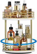 2-Tier Rotating Bathroom Countertop Organizer, Wooden Makeup Vanity Storage, Multifunctional Lazy Susan Turntable for Skincare, Perfume and Cosmetics (White-Gold) by Yelinkws