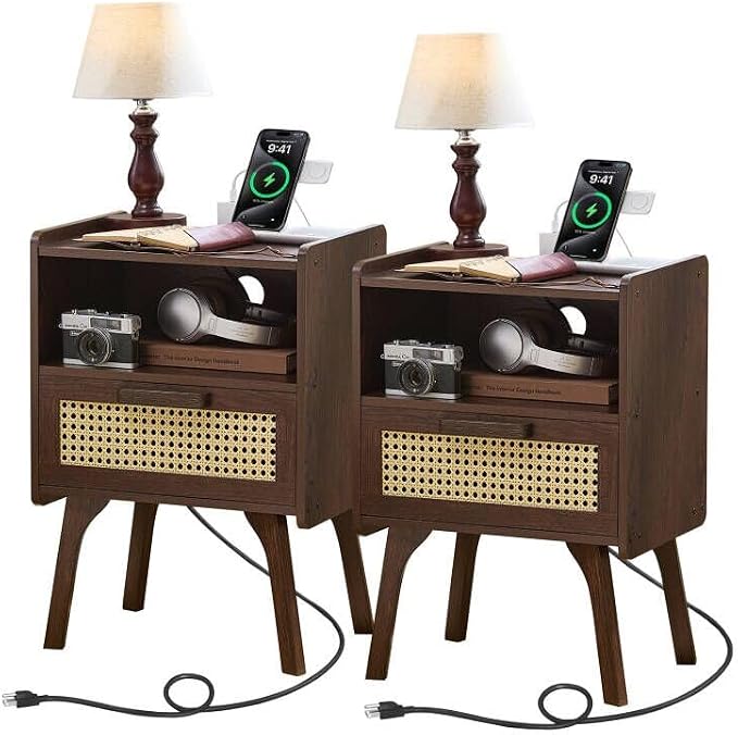 Lerliuo Rattan Nightstand with Charging Station, Walnut Bedside Table with by Lerliuo