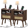 Lerliuo Rattan Nightstand with Charging Station, Walnut Bedside Table with by Lerliuo
