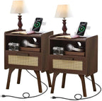 Lerliuo Rattan Nightstand with Charging Station, Walnut Bedside Table with by Lerliuo