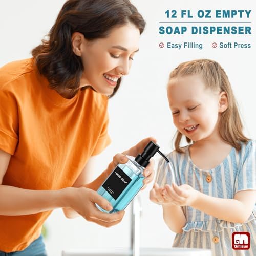 GMISUN Glass Soap Dispenser with Stainless Steel Pump, Clear Hand Soap Dispenser for Bathroom, 12 fl oz/350ml Refillable Dish Dispenser for Kitchen, Modern Liquid Soap and Lotion Bottle for Countertop - Image 7
