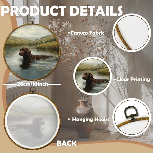 CUANFDDSF Rustic Country Chocolate Labrador Retriever Round Wall Art, Chocolate Lab Gifts Framed Hanging Wall Decor, Antique Farmhouse Dog Canvas Prints Decorations for Bedroom, 10x10 Inch - Image 7