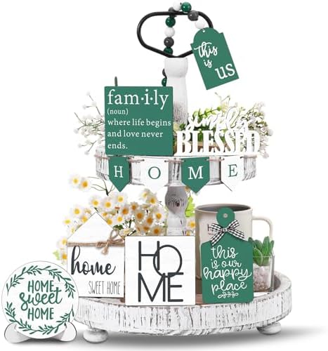 FairySandy 11 Pcs Home Tiered Tray Decor Green Rustic Wooden Signs by FairySandy