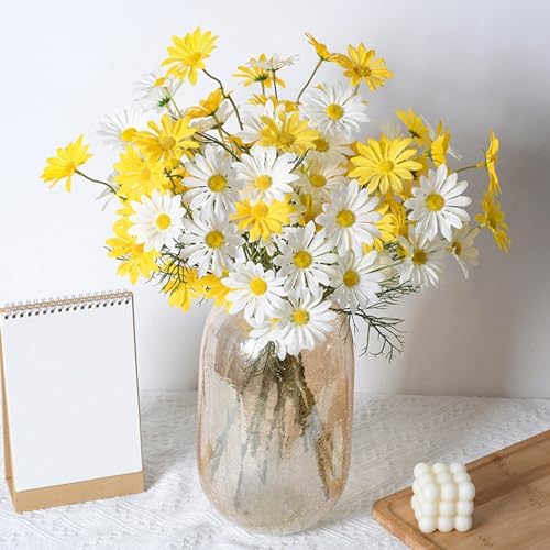 Artificial Daisy Flowers 12Pcs Artificial Flowers Silk Daisies with Stems Real Look for Home Wedding Garden Vase Decor (White+Yellow) - Image 4