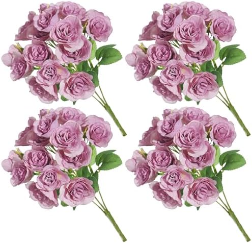 Silk Roses Flower Bouquet 4 Bundles 60 Heads for Wedding Home, Light Purple by WishTip