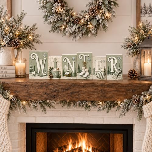 Winter Tabletop Decor, Sage Green Wooden Sign for Shelf, Mantel & Home - Image 2