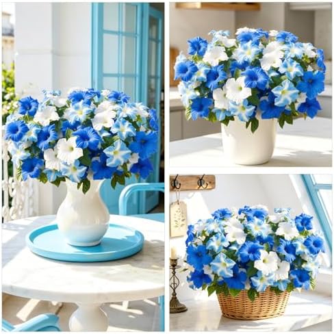 Uieke Artificial Flowers for Outdoors, 24PCS Faux Petunias Outdoor Uv Resistant Silk Flower, Spring Decorations for Home Garden Patio Porch, Blue&White - Image 4