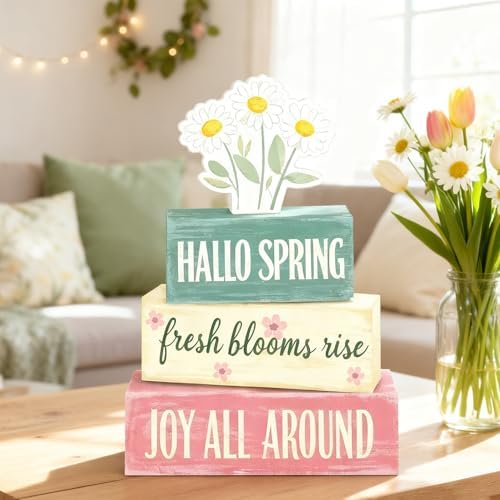 Spring Decoration Wooden Tiered Tray Decor – Rustic Hallo Spring Stacked Block Sign with Daisy Flower Topper – Farmhouse Tabletop Spring Decor for Living Room Shelf Kitchen Coffee Bar Seasonal Home Display - Image 3