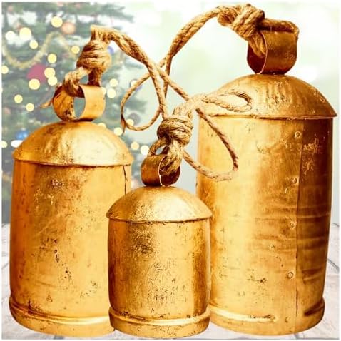 Giant Decorative Cow Bells Set of 3 Huge Christmas Bells for Decoration - XL Vintage Harmony Cowbells Rustic on Jute Rope Hanging Gold Tibetan Lucky Charm (6"-8"-10") - Image 6