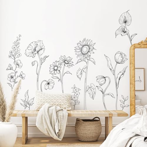 Large Black and White Flower Wall Decals, 3 Sheets Simple Modern Minimalist Sunflower Tulip Wall Stickers Floral Art Decor for Girls Bedroom Home Room Office Adult Gifts for Mom(11.8x35.4 in/Sheet) - Image 4