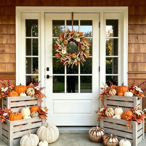 18 Inch Fall Wreath for Front Door Pumpkin Autumn Wreaths - Image 6