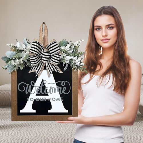 Ultra Large 14'' Last Name All Year Round Front Door Wreath with 26 Initial Letter Welcome Sign All Seasons Eucalyptus Garland and Bow Wreaths for Front Door Porch Farmhouse Decoration (A) by Unknown