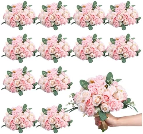Zeyune 12 Bunches Wedding Bridesmaids Bouquets 144 Heads 7 Inch Artificial Rose Bouquets Silk Fake Flower Bulk with Stems for Proposal Anniversary Bridal Shower Home Party Decor(Champagne) by Zeyune