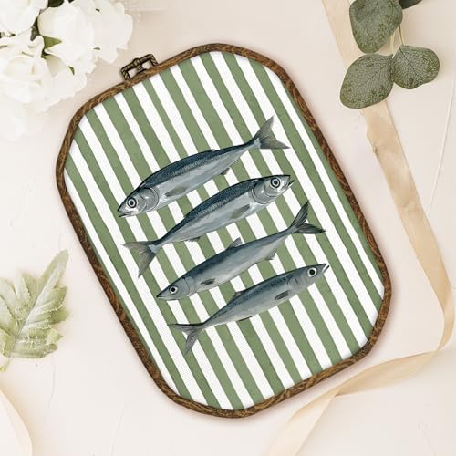 dvhdajed Vintage Sardine Fish Wall Art Decor, Coastal Fishes Framed Canvas Art, Retro Nautical Sardines Green Striped Octagon Wall Hanging Decor for Farmhouse Kitchen Dining Room, 10.2x7 Inch - Image 4