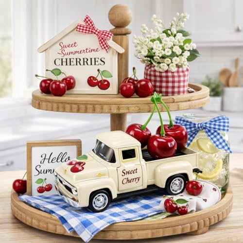Cherry Truck Decor, Vintage Cream Pickup Truck with Cherry Arrangement, Rustic Farmhouse Summer Tiered Tray Decor, Kitchen Table Centerpiece, Home Office Shelf Decorations - Image 4