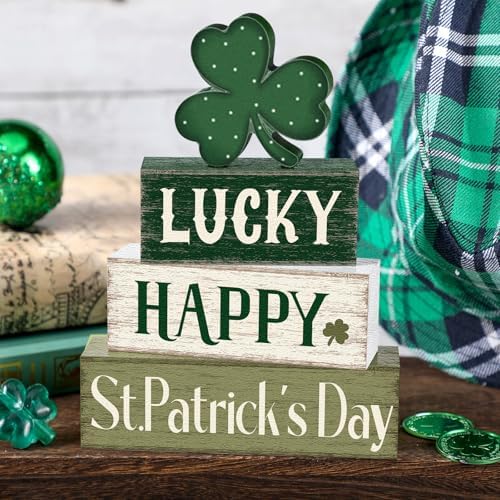 Marsui 4 Pcs St. Patrick's Day Decorations Shamrock Wooden Signs Green Irish Tabletop Centerpieces rustic Distressed Shamrock Blocks St Patricks Day Decor for Home Table Kitchen Shelf Tiered Tray - Image 2