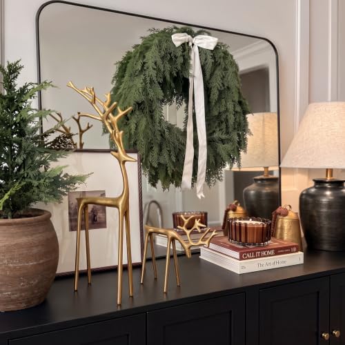 Christmas Decorations - Set of 2 Sculpted Gold Metal Reindeer Statues - Image 2