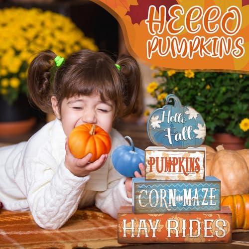 4 Pcs Fall Blue Pumpkin Decor for Home Hello Fall Wooden Signs with Blessed - Image 4