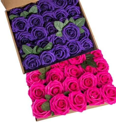 Hot Pink Foam Rose 50pcs Real Looking Fake Purple Rose with Stems Leaves for Home Decoration Party Garden Centerpieces DIY Wedding Bouquets（Hot Pink&Purple） by Lansdowns