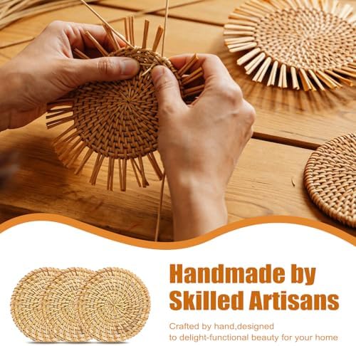 Drink Coasters Set of 6-Handwoven Rattan Coaster with Holder,Natural Rattan - Image 3