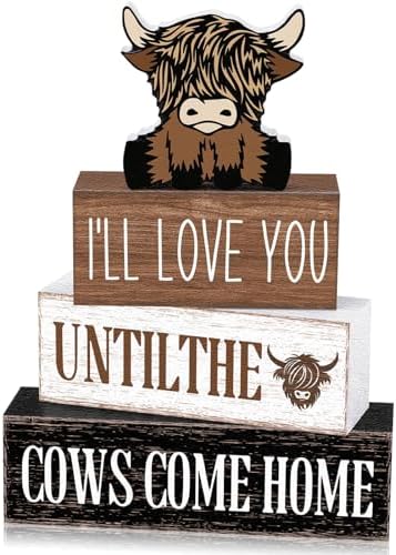 Marsui 4 Pcs Highland Cow Table Decor Rustic Cow Wooden Signs Gifts by Marsui
