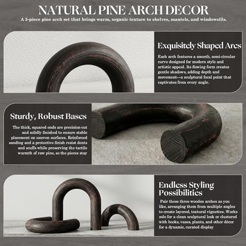 EOSAHR Pine Wood Arch Decor Set: Wood Sculpture for Shelf Decor, OldBlack - Image 6
