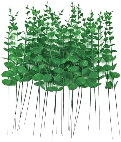 ABAJI 24 PCS Eucalyptus Stems Plastic Vivid Leaf Decorations Artificial Leaves Fake Faux Greenery Plant for Home Office House Table Desk Decor Wedding or Party Vase Forever Live by ABAJI