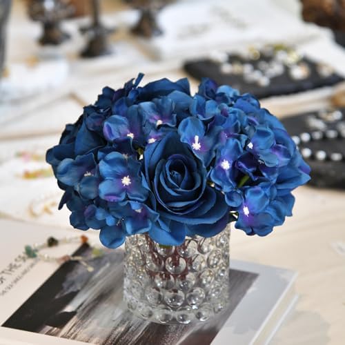 Rose Silk Flower Arrangement Artificial Vivid Rose in Glass Vase with LED Light Elegant Centerpiece for Home Wedding Bathroom Table Shelf Decoration (Navy Blue) - Image 4