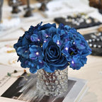 Rose Silk Flower Arrangement Artificial Vivid Rose in Glass Vase with LED Light Elegant Centerpiece for Home Wedding Bathroom Table Shelf Decoration (Navy Blue) - Image 4