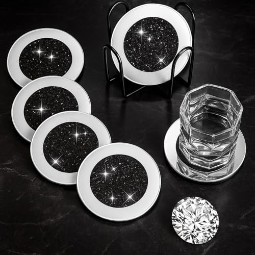 Jetec 6 Pcs Mirrored Glass Coasters with Holder, Bling, Black, 4 Inch by Jetec