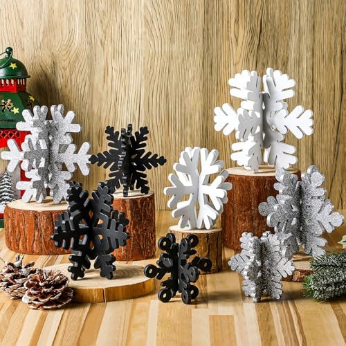 Wenqik 16 Pcs Wooden Snowflake 3D Centerpieces,White, Black, Silver by Wenqik