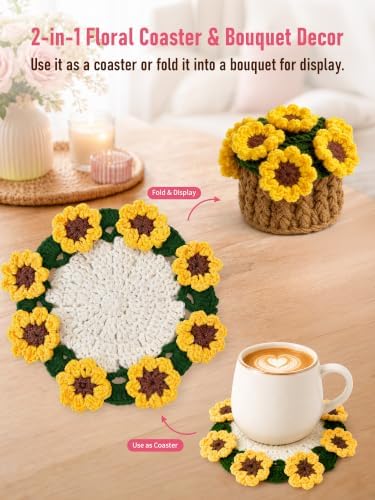 Crochet Flower Bouquet Coasters, Cotton Sunflower Gifts for Home Decor - Image 6