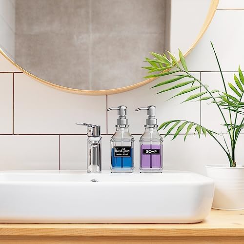 LMQML Soap Dispenser - 2 Pack, Antique Design Thick Glass Hand Soap Dispensers with Sturdy Tray; 304 Rust Proof Stainless Steel Silver Pump, 12Pcs Stickers, for Kitchen, Bathroom - Image 7