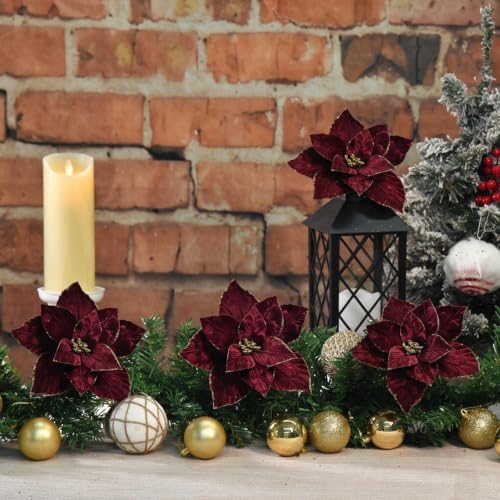 10 Pcs 9.4" Velvet Poinsettia Picks Glitter Artificial Christmas Flower Stems for Xmas Tree Wreath Garland Winter New Year Home Decoration, Burgundy - Image 4