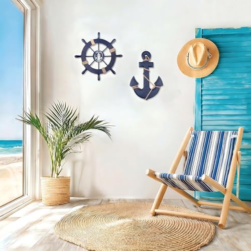 2 Pack 11" Nautical Beach Wooden Ship Wheel and 13" Wooden Anchor with Rope Nautical Boat Steering Wheel Rudder Anchor Wall Art Decor Door Hanging Ornament Beach Theme Home Decoration(Blue) - Image 6
