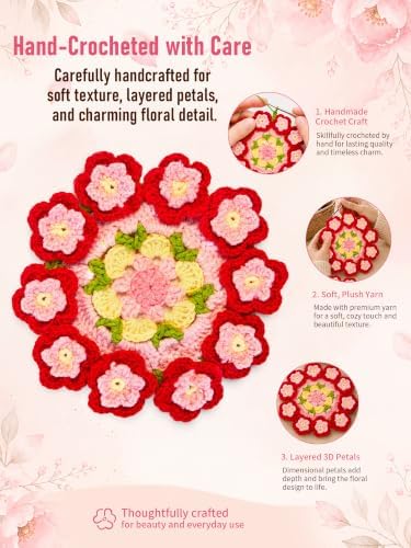 Crochet Flower Bouquet Coasters, Peach Blossom Gift for Home Decor 4Pc - Image 4