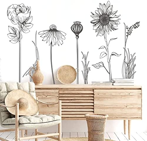 Black Simple Flower Plant Wall Decals, 2 Sheets Large Boho Floral Modern Wall Stickers Peel Stick Sketch Wildflower Wallpaper Art Decor for Bedroom Living Room Office Gifts for Mom(11.8x35.4 in/Sheet) - Image 3