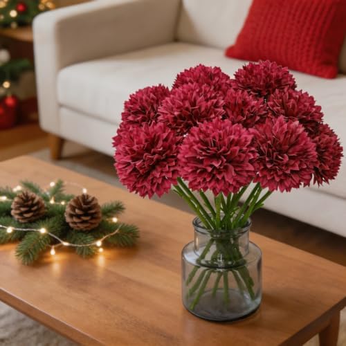 Tinsow 12Pcs Artificial Chrysanthemum Flowers Faux Bright Red Ball Flowers Burgundy Fall for Christmas Autumn Farmhouse Home Decoration (12,Bright Red) - Image 5
