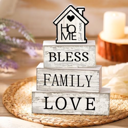 Yuntau 4 Pcs Rustic Farmhouse Decor Wood Block Sign Tiered Tray Decor - Image 2