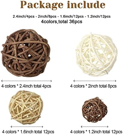 Wicker Ball Orbs,White, Wood Color, Light Tan, Coffee,2.4'',2'',1.6'',1.2'' - Image 2