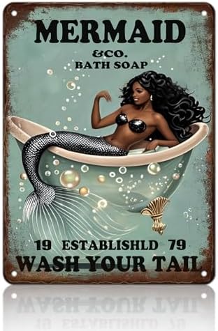 Funny Mermaid Company Bath Soap Metal Signs Wash Your Tail Sign Vintage Tin Sign Wall Decor Retro Tin Signs for Room Living Room Bathroom Toilet Hotel 12x16 Inch by KIYOYOHomeIsOurHappyPlace