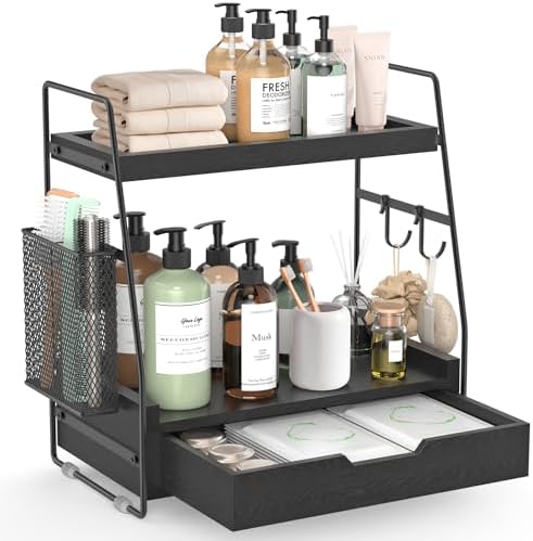 2-Tier Bathroom Counter Organizer with Drawer, Wood Counter Storage Shelf by Unknown