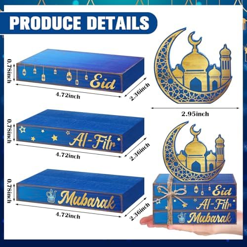Geelin 4 Pcs Eid Mubarak Table Decoration Wooden Book Stack Signs - Image 3